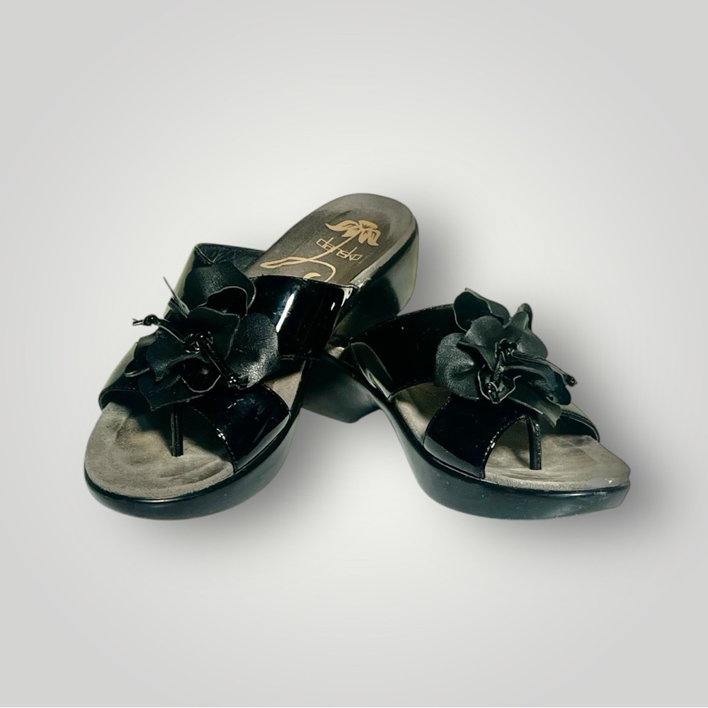 Danskco sandal wedge black with flower detail. Size 36 US 6